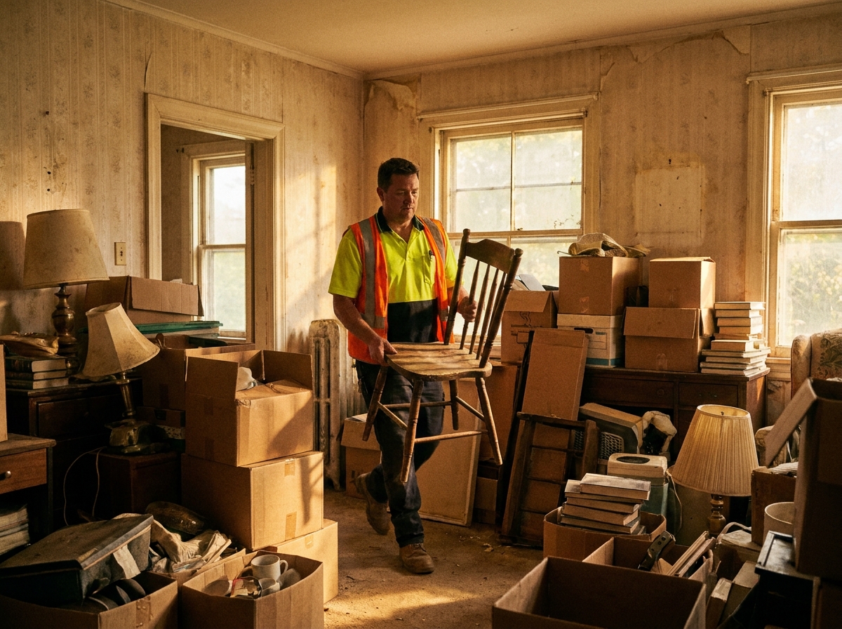 Junk removal worker carrying furniture out during a full property cleanout