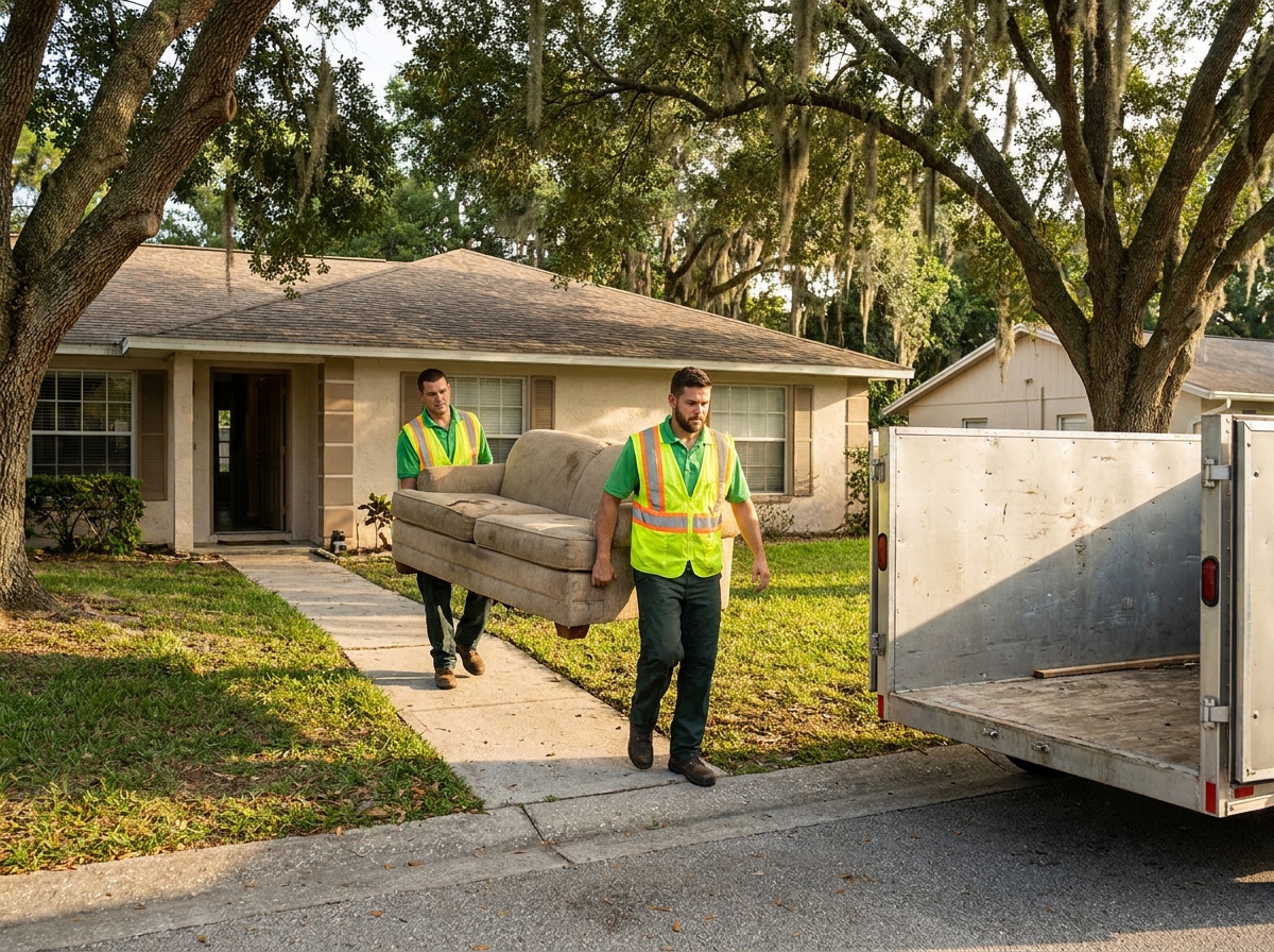 Junk removal crew carrying a sofa out to the trailer