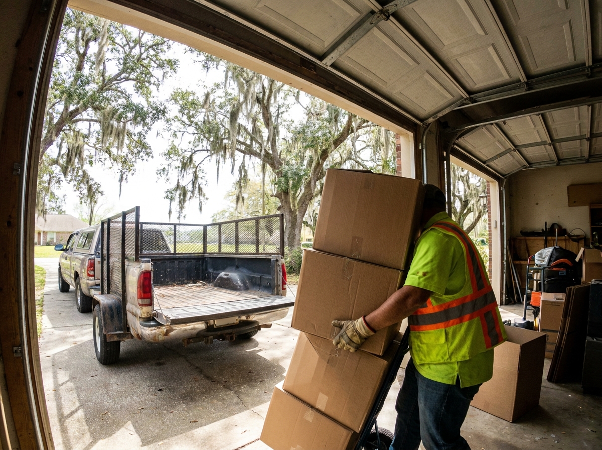 Junk removal worker carrying boxes out to the trailer during a residential cleanout