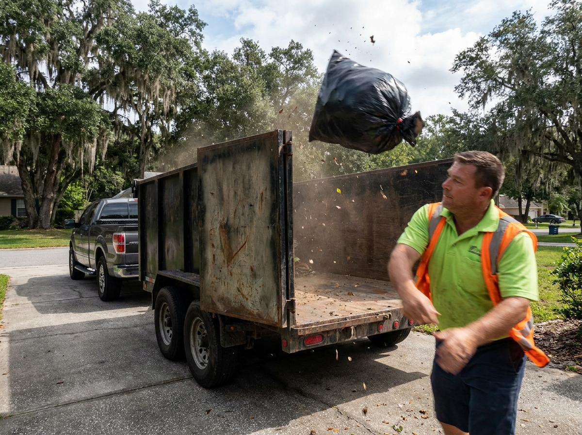 Junk removal crew member tossing debris into an open trailer